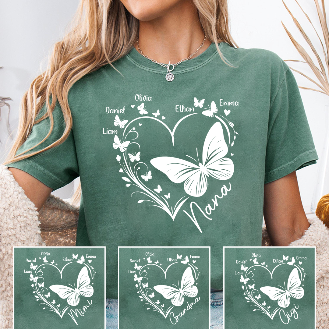 Nana Butterfly Heart Shirt with Kids Names, Personalized Nana Grandma T-Shirt Gift for Her