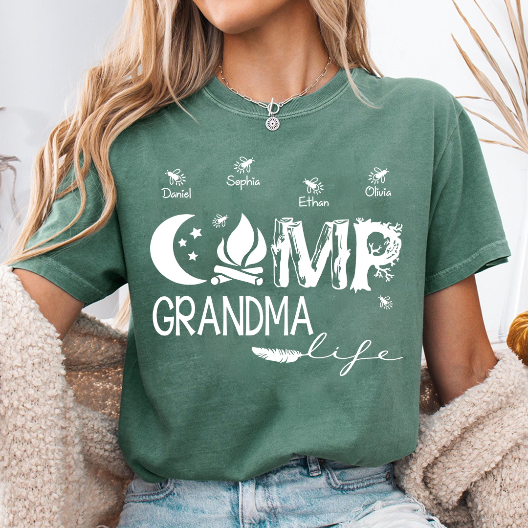 Personalized Camp Grandma Life Shirt, Custom Grandkids Names Camping T-Shirt, Outdoor Grandma Gift, Campfire Family Tee