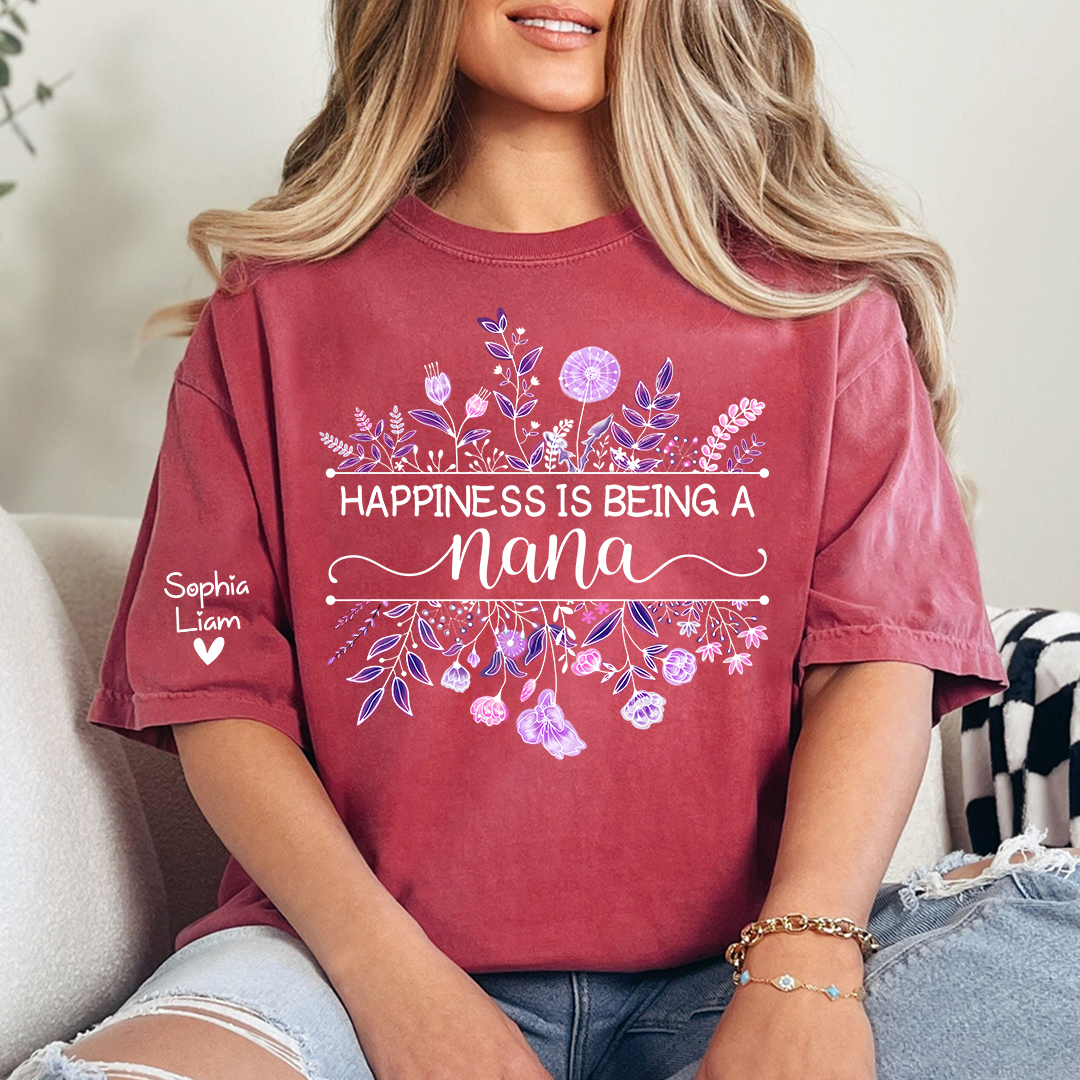 Happiness Is Being a Nana Shirt, Purple Floral Grandma Tee, Custom Nana Gift from Grandkids, Family Name Sleeve Shirt, Cute Grandma Outfit