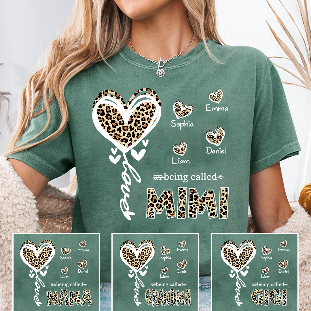Personalized Mimi Grandma Shirt with Grandkids Names, Leopard Heart Being Called Mimi T-Shirt