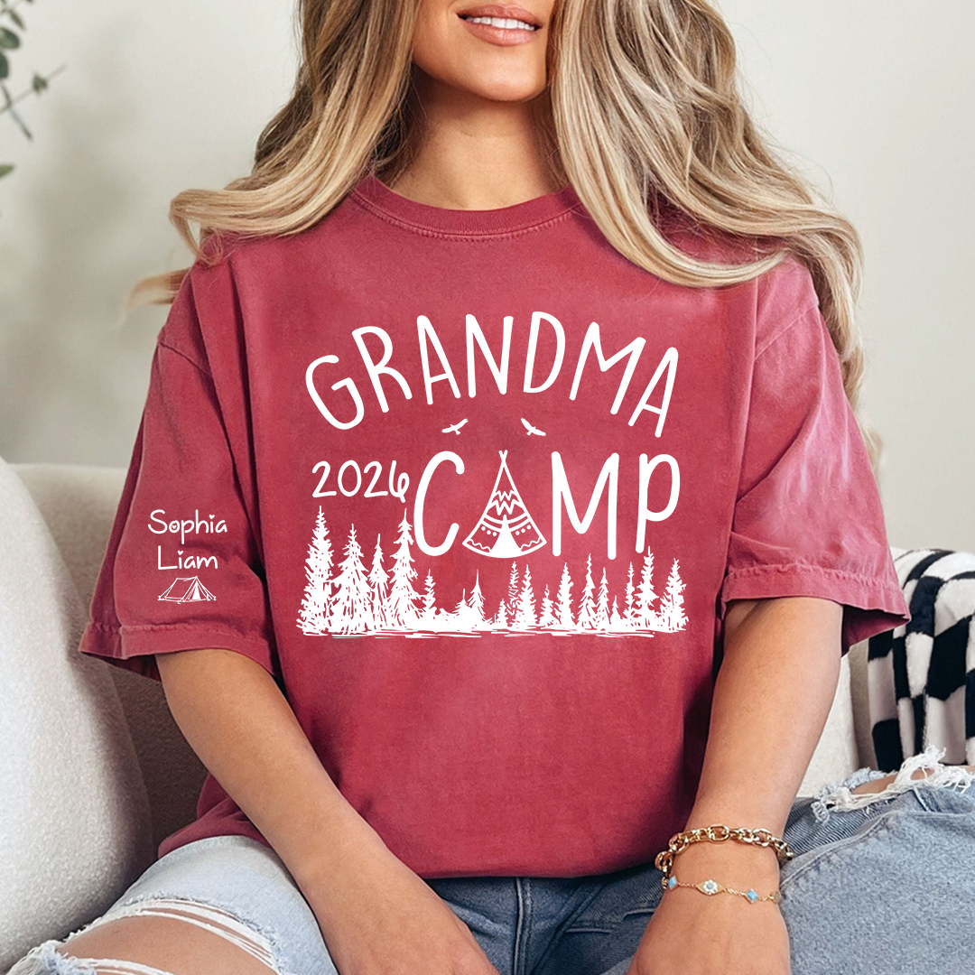 Grandma Camp 2026 T-Shirt, Custom Grandma Camping Shirt with Names, Cute Outdoor Family Vacation Tee for Grandma