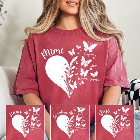 Mimi Butterfly Heart Shirt with Kids Names, Personalized Mimi Grandma T-Shirt Gift for Her