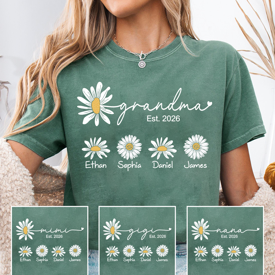 Personalized Grandma Est 2026 Shirt with Kids Names, Custom Daisy Flower T-Shirt for New Grandma, Family Gift Idea