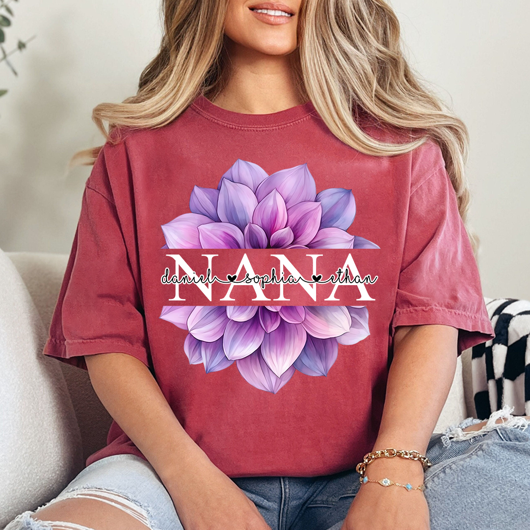 Custom Nana T Shirt with Beautiful Purple Flower, Personalized Grandma Gift with Grandkids Names