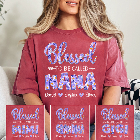 Blessed to Be Called Nana Shirt, Personalized Grandma T Shirt with Grandkids Names, Purple Floral Design