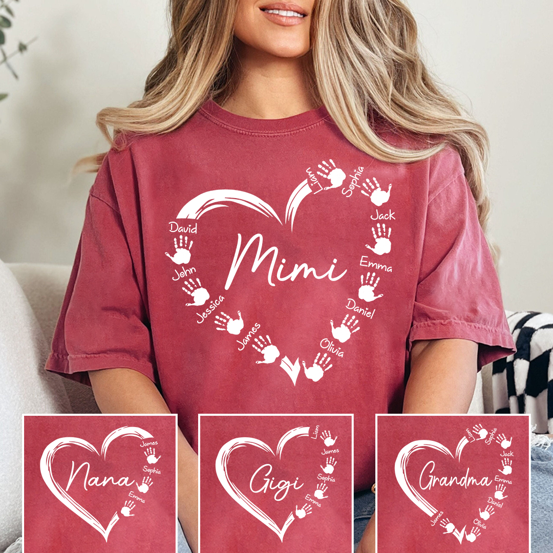 Personalized Mimi Shirt with Grandkids Names, Custom Handprint Heart Mimi T-Shirt for Grandma