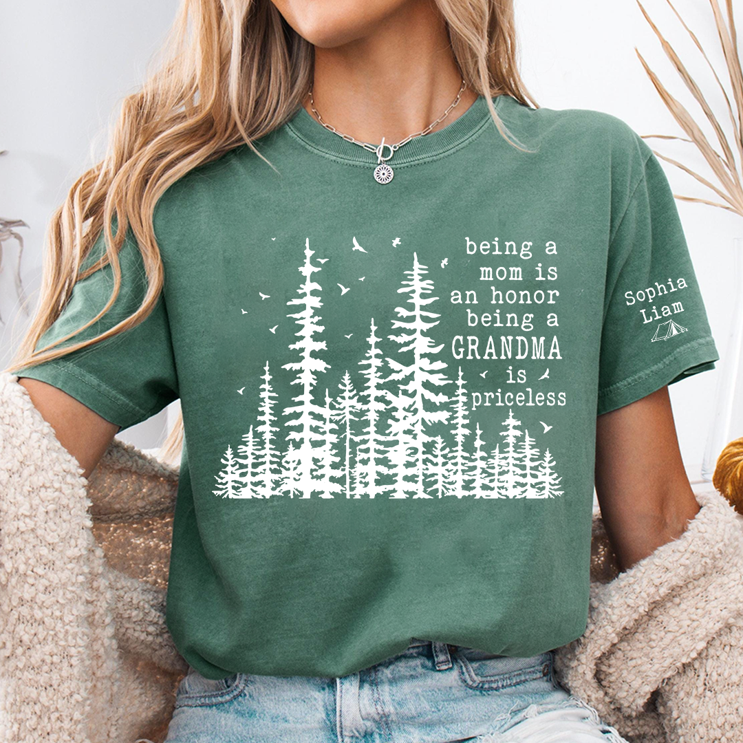 Being a Mom Is an Honor Being a Grandma Is Priceless Shirt, Personalized Grandma Shirt with Grandkids Names, Nature Lover Tee