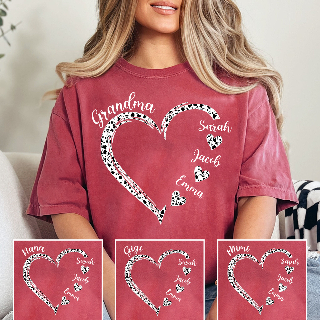 Personalized Grandma Shirt with Grandkids Names, Custom Heart Grandma T Shirt Gift