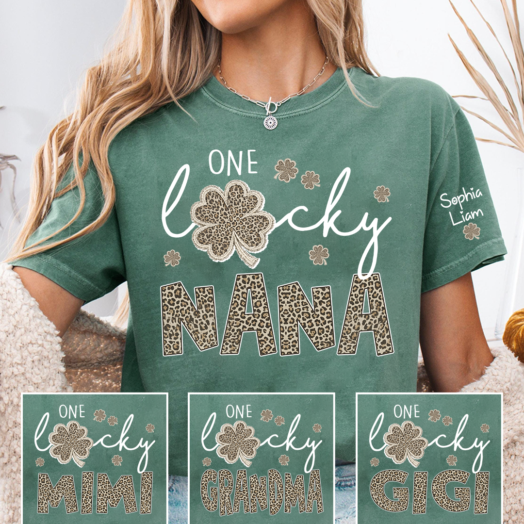 Lucky Nana Shirt, One Lucky Nana with Clover and Leopard Print, Personalized Grandma T-Shirt, St. Patrick’s Day Apparel