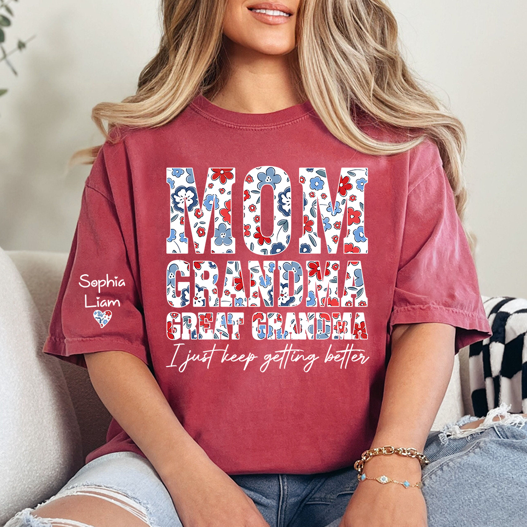 Mom Grandma Great Grandma Shirt, Patriotic Floral Tee with Custom Names, Gift for Mom Grandma Great Grandma Family Shirt
