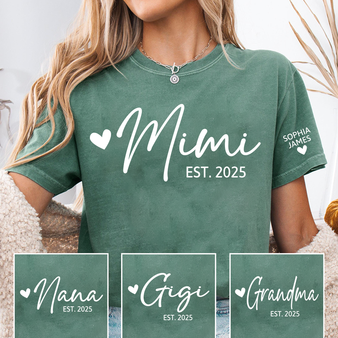Mimi EST 2025 T-Shirt, Custom Grandma Shirt with Heart, Personalized Family Role Apparel for Her