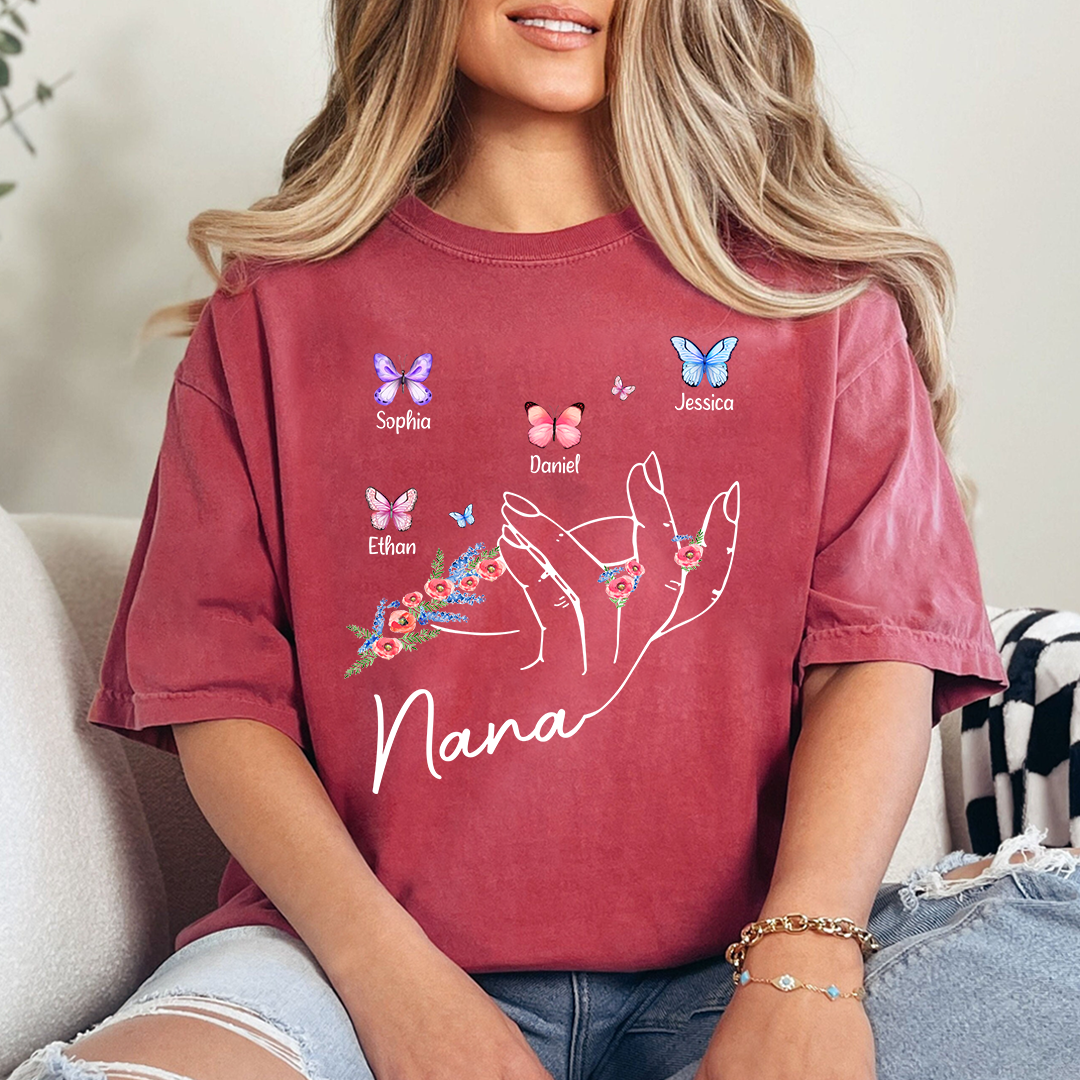 Personalized Mimi Shirt with Kids Names and Butterflies – Custom Grandma Gift with Hand Holding Design