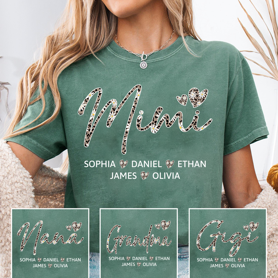 Personalized Mimi Shirt with Grandkids Names, Leopard Print Mimi Grandma T-Shirt Gift for Her