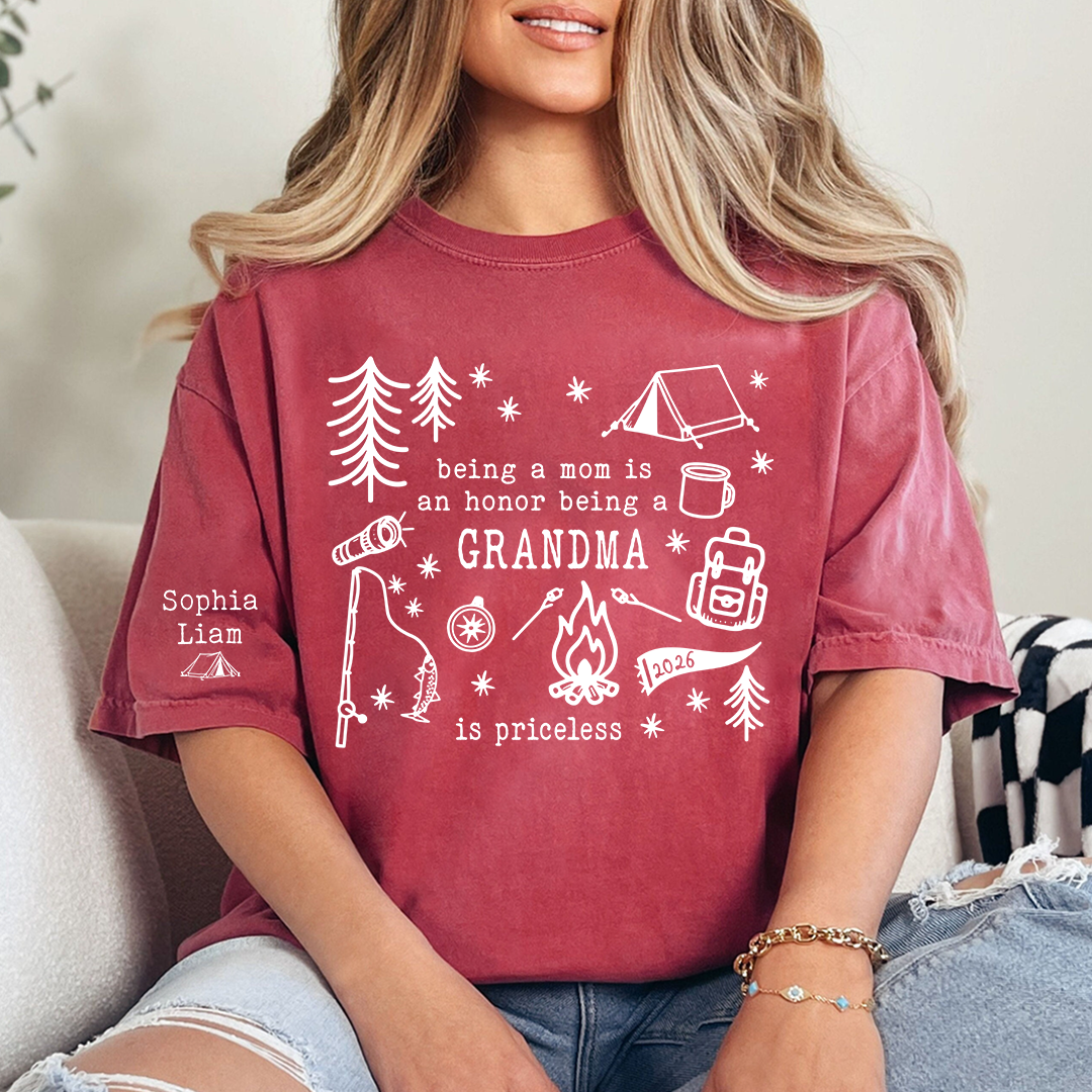 Personalized Camping Grandma Shirt, Custom Grandkids Names Sleeve Tee, Being a Mom Is an Honor Being a Grandma Is Priceless