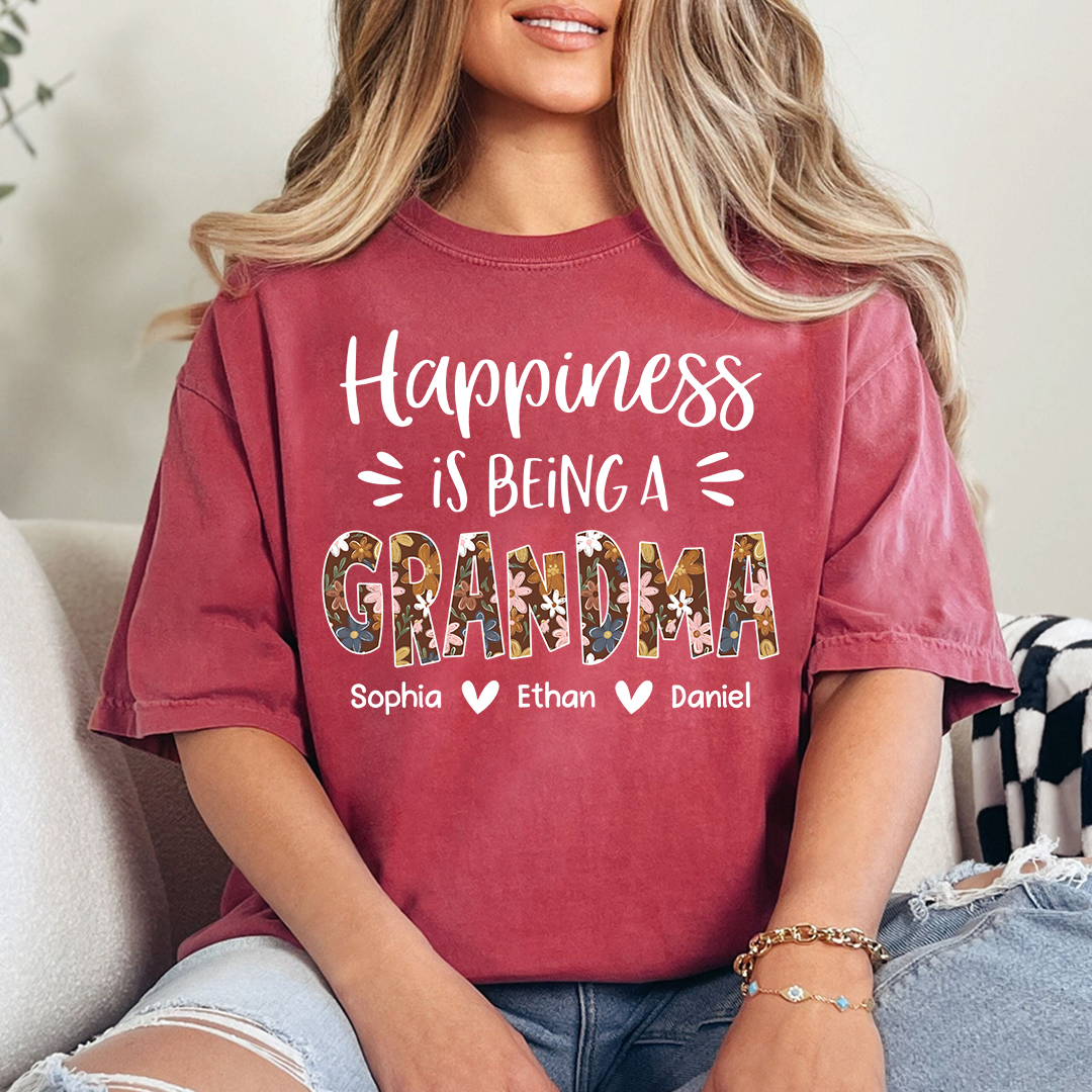 Happiness Is Being a Grandma Shirt, Floral Pattern Grandma Tee, Personalized Name Gift for Grandma