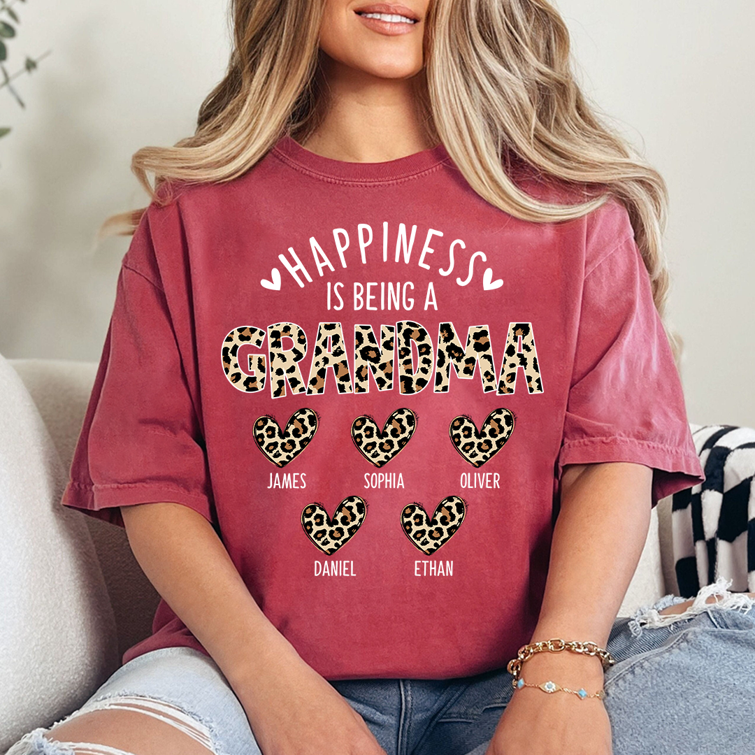Happiness Is Being a Grandma Tee, Custom Grandma Shirt with Grandkids Names, Leopard Print Hearts Design