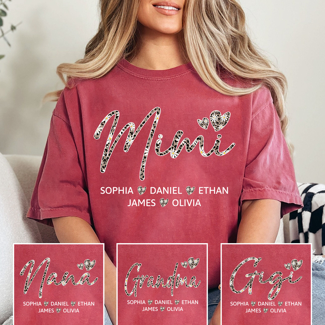 Personalized Mimi Shirt with Grandkids Names, Leopard Print Mimi Grandma T-Shirt Gift for Her