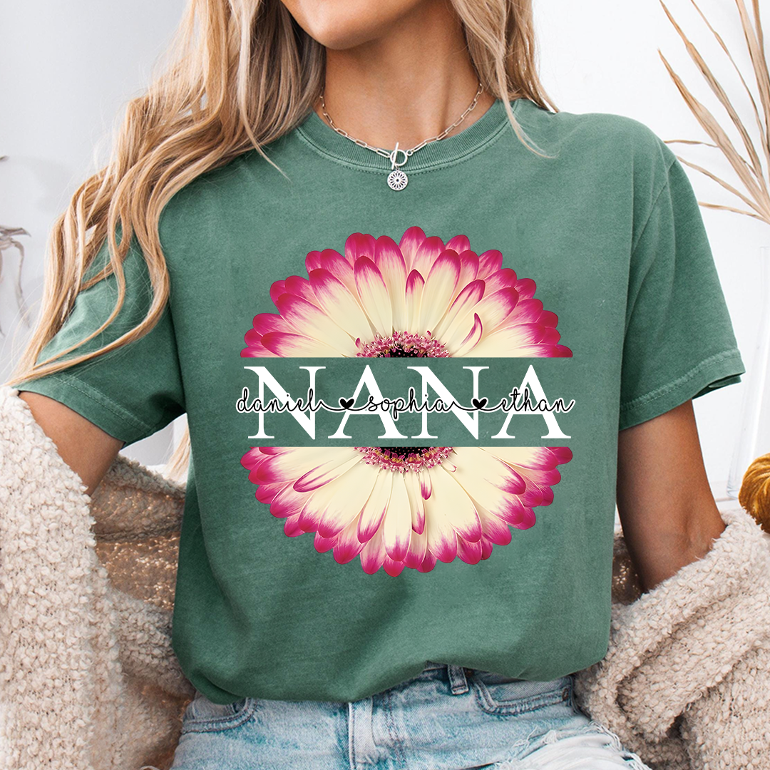 Personalized Nana T-Shirt with Pink Flower Graphic – Custom Grandma Gift Featuring Grandkids Names