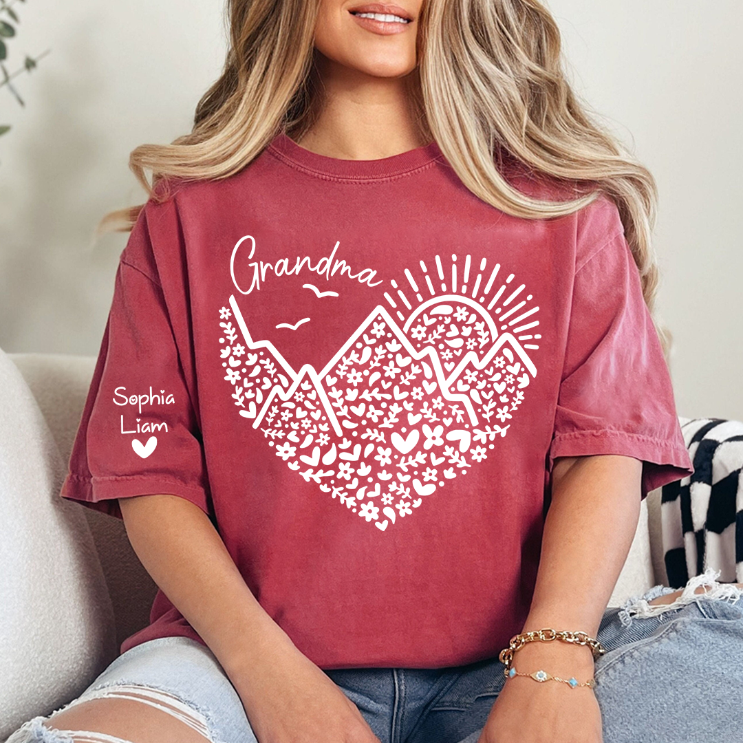 Personalized Grandma Mountain Heart Shirt, Custom Grandma T Shirt with Kids Names on Sleeve, Floral Family Gift for Women