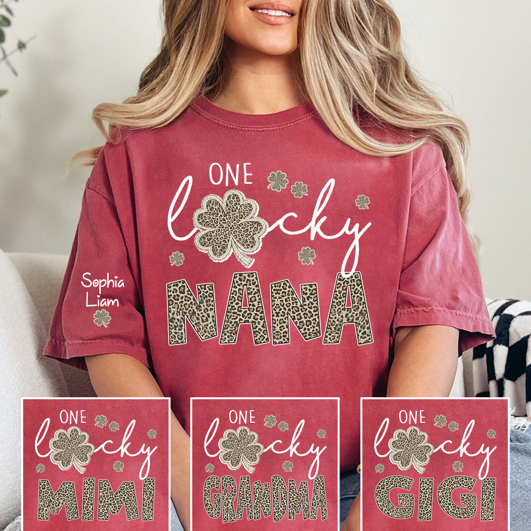 Lucky Nana Shirt, One Lucky Nana with Clover and Leopard Print, Personalized Grandma T-Shirt, St. Patrick’s Day Apparel