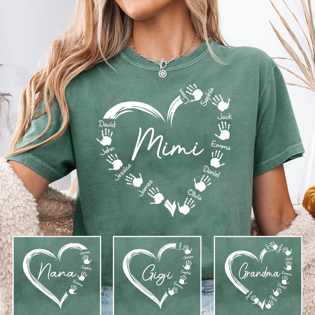 Personalized Mimi Shirt with Grandkids Names, Custom Handprint Heart Mimi T-Shirt for Grandma