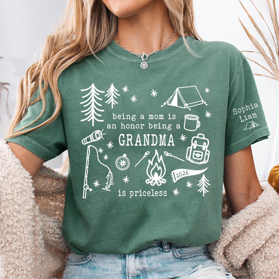 Personalized Camping Grandma Shirt, Custom Grandkids Names Sleeve Tee, Being a Mom Is an Honor Being a Grandma Is Priceless