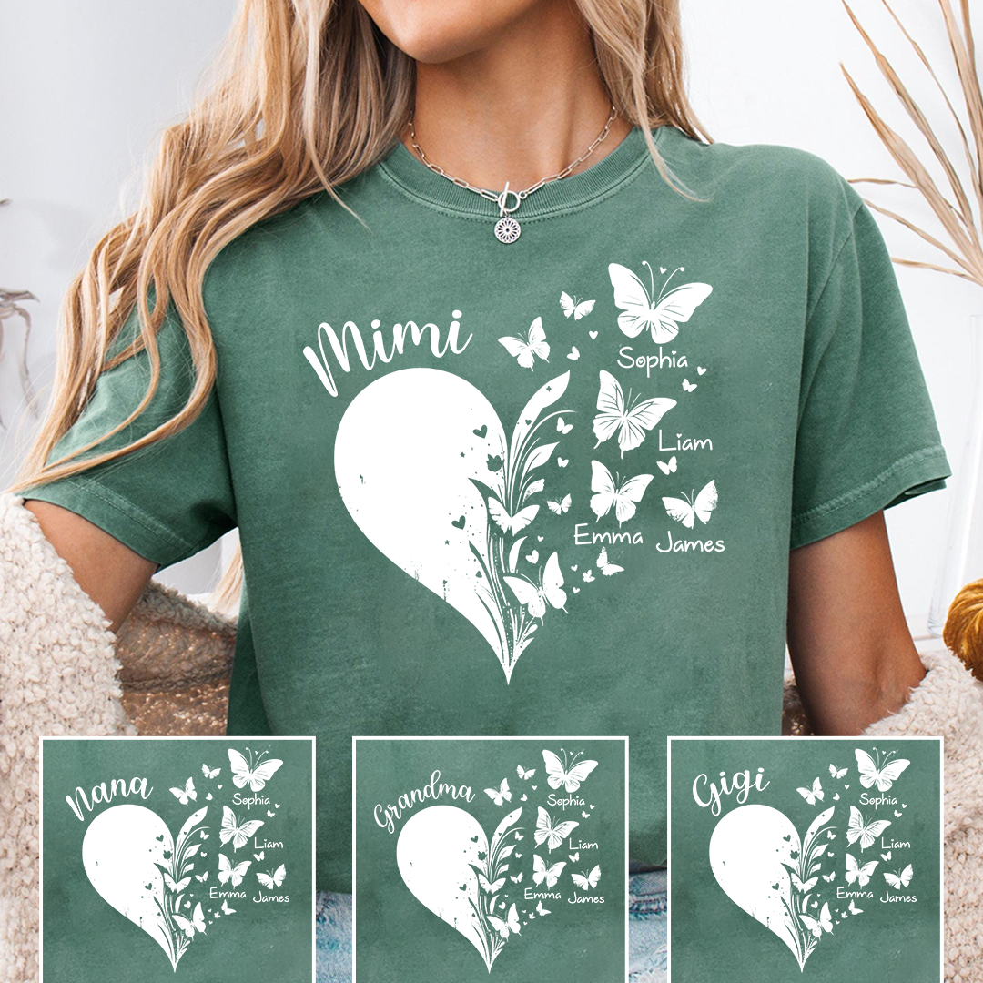 Mimi Butterfly Heart Shirt with Kids Names, Personalized Mimi Grandma T-Shirt Gift for Her