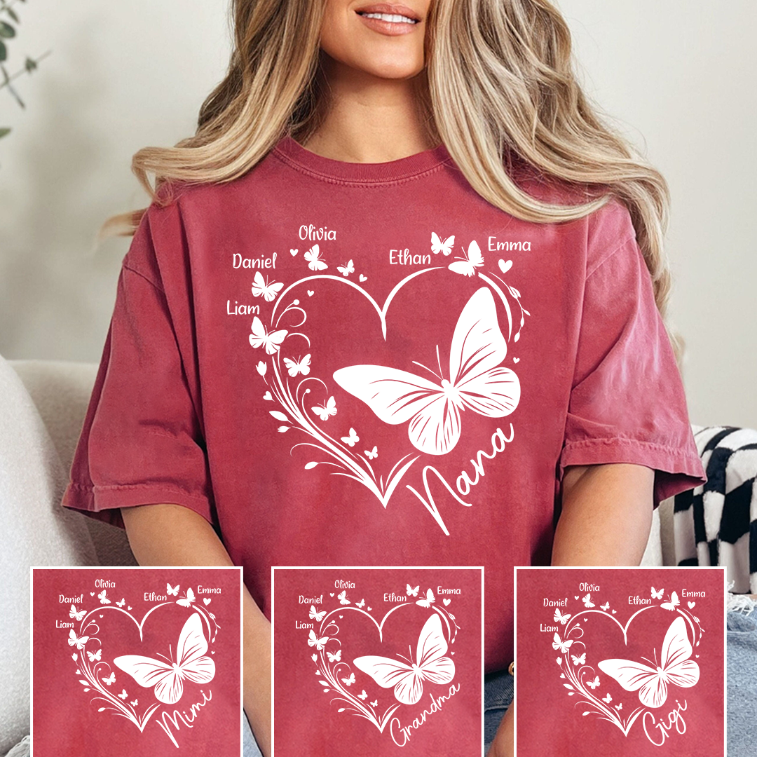 Nana Butterfly Heart Shirt with Kids Names, Personalized Nana Grandma T-Shirt Gift for Her