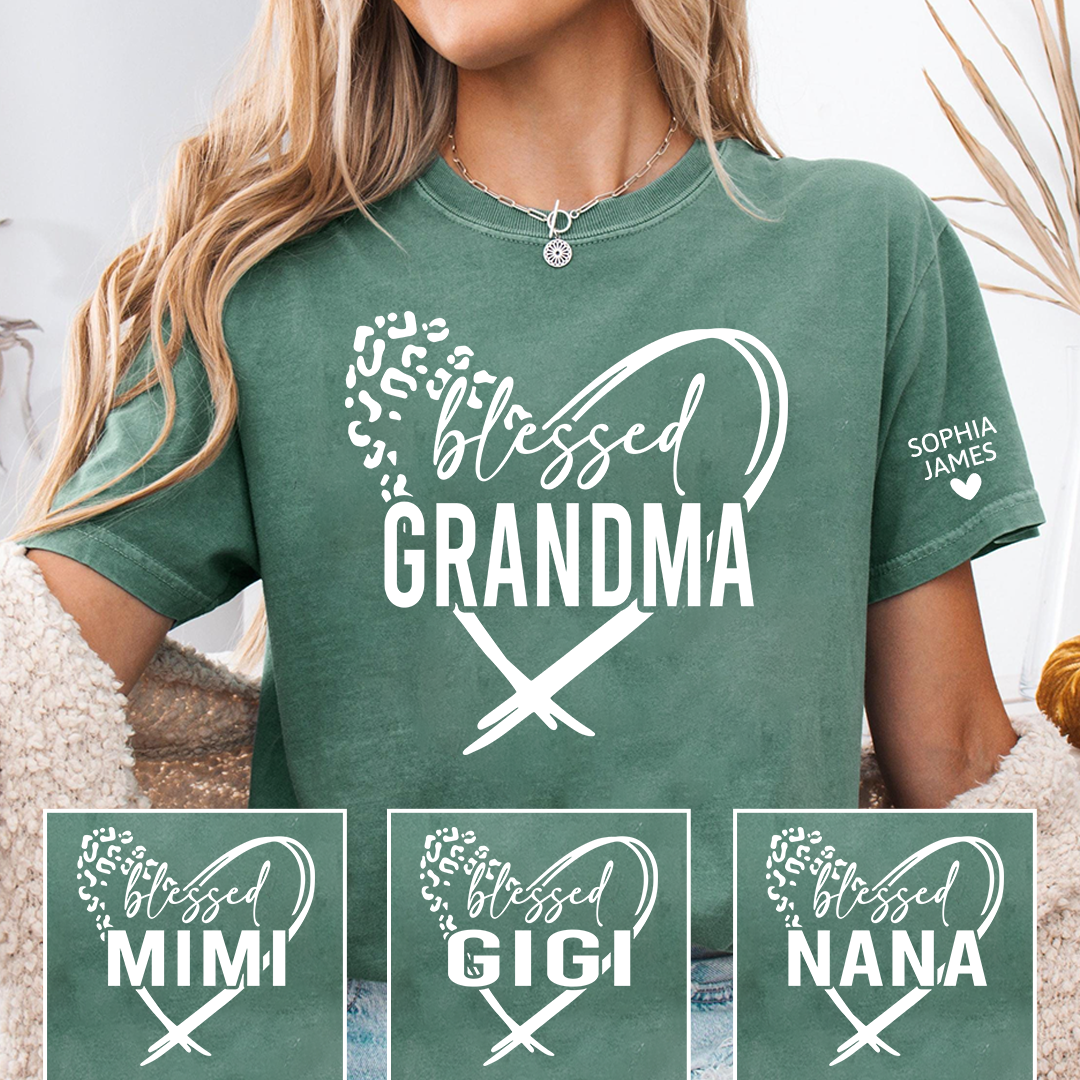 Blessed Grandma Shirt, Leopard Print Heart Design T-Shirt, Custom Grandma Apparel for Her, Sentimental Family Gift