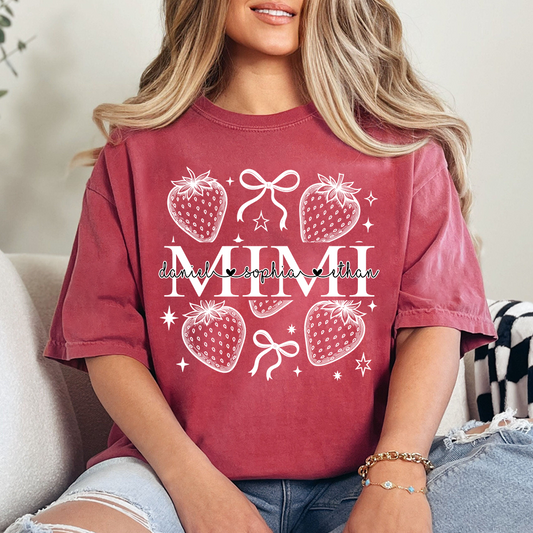 Personalized Mimi Strawberry Shirt, Custom Grandkids Names Floral Bow T-Shirt, Cute Grandma Gift, Summer Fruit Apparel