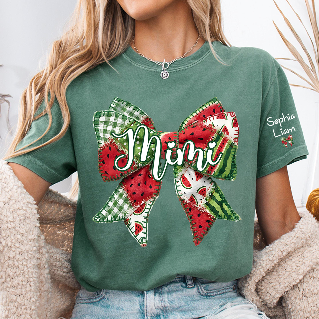 Personalized Mimi Watermelon Bow Shirt, Custom Grandma T Shirt with Grandkids Names, Summer Family Tee for Nana Gigi Mimi