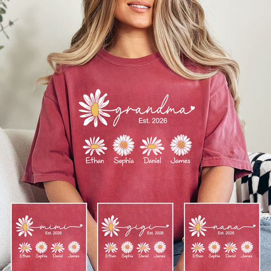 Personalized Grandma Est 2026 Shirt with Kids Names, Custom Daisy Flower T-Shirt for New Grandma, Family Gift Idea