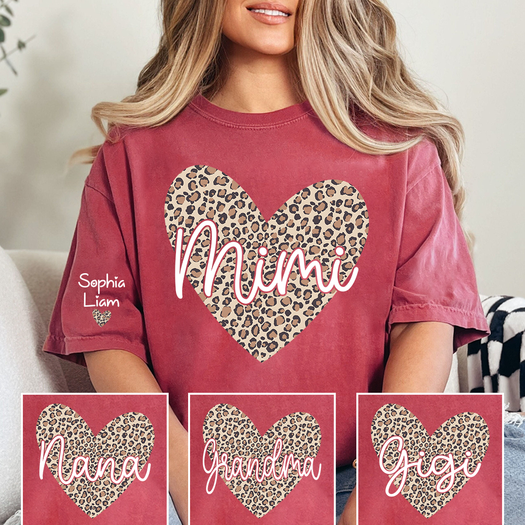 Mimi Leopard Heart Shirt for Women, Cute Mimi Grandma T-Shirt with Animal Print Heart Design