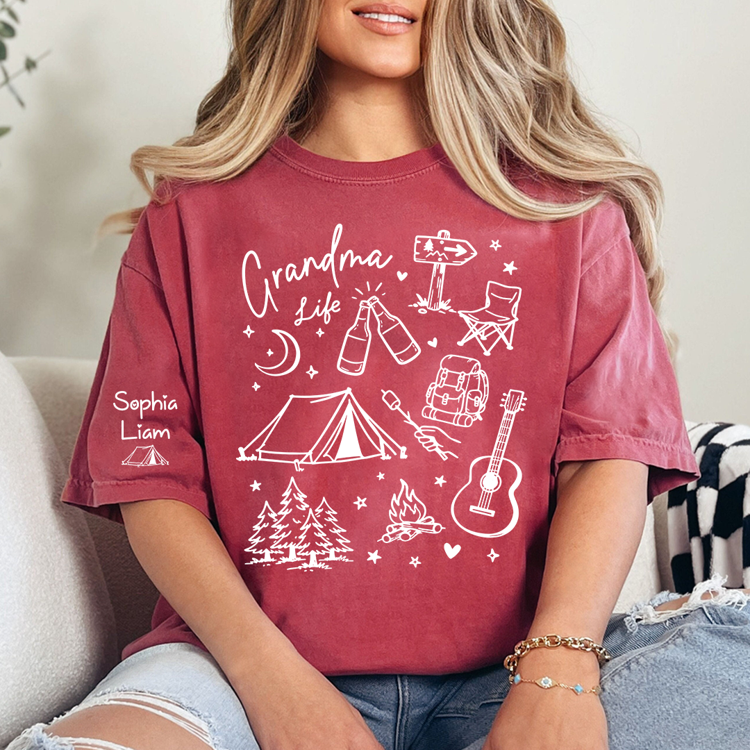 Custom Grandma Life Shirt, Camping Gear and Adventure Icons, Personalized with Name, Outdoor Fun T Shirt for Grandma