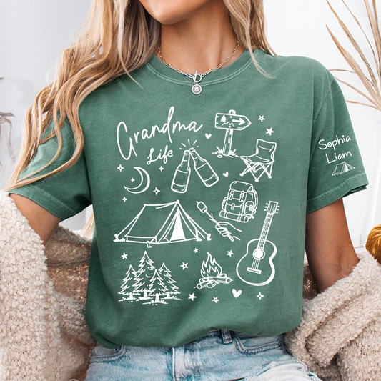 Custom Grandma Life Shirt, Camping Gear and Adventure Icons, Personalized with Name, Outdoor Fun T Shirt for Grandma