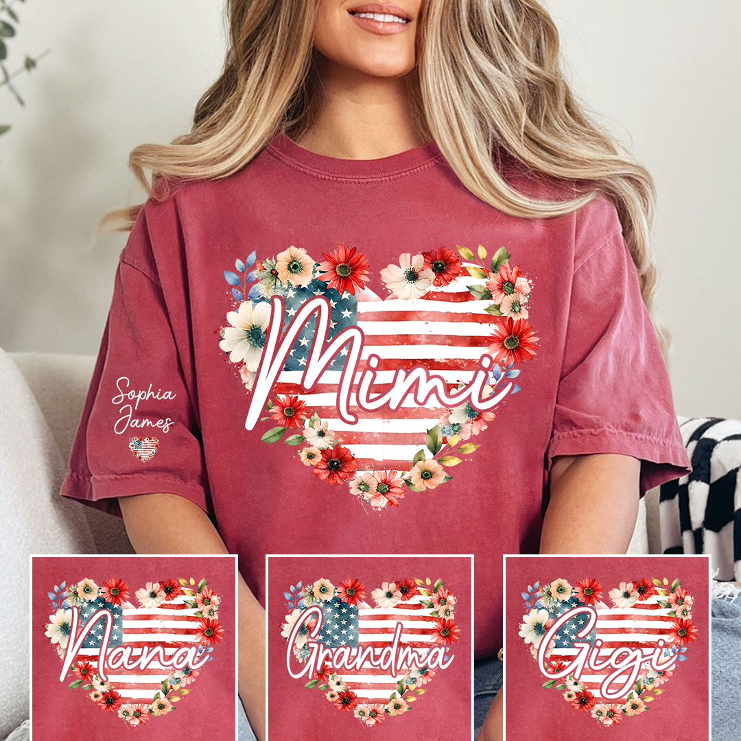 Floral Heart Mimi Shirt – Personalized Family Names with American Flag Design, Great Gift for Mimi