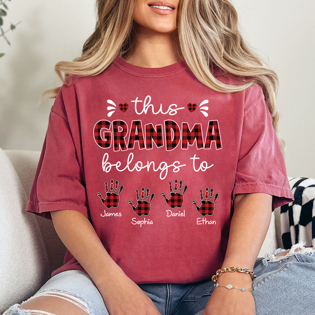 This Grandma Belongs To Tee, Custom Grandma Shirt with Grandkids Names, Red Plaid Handprint Gift, Meaningful Family Apparel