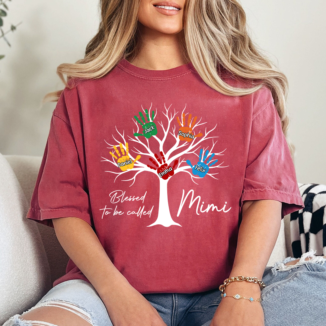 Personalized Mimi Shirt Blessed To Be Called Mimi Custom Grandkids Names Handprint Tree Grandma Gift
