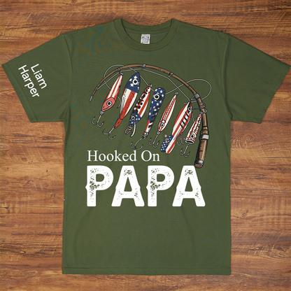 Hooked On Papa, Personalized Papa And Grandkids Father's Day T-Shirt