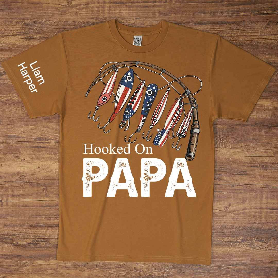 Hooked On Papa, Personalized Papa And Grandkids Father's Day T-Shirt