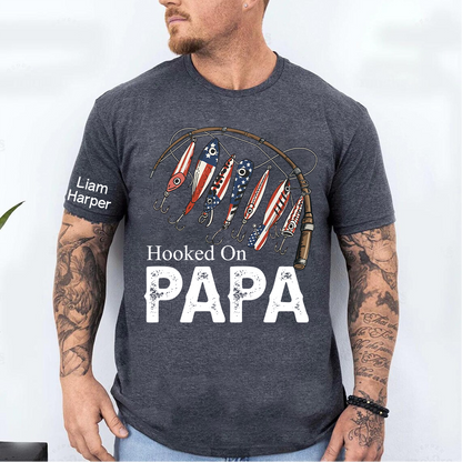 Hooked On Papa, Personalized Papa And Grandkids Father's Day T-Shirt