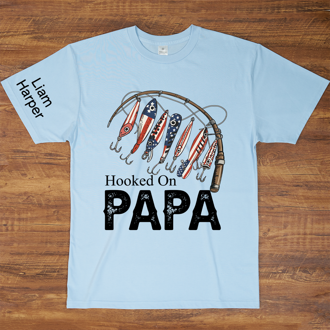 Hooked On Papa, Personalized Papa And Grandkids Father's Day T-Shirt