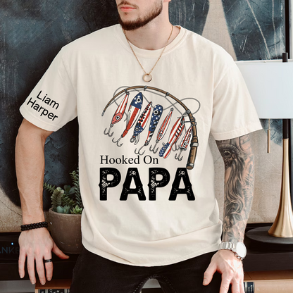 Hooked On Papa, Personalized Papa And Grandkids Father's Day T-Shirt