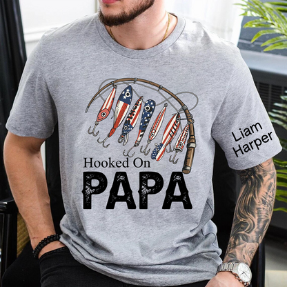 Hooked On Papa, Personalized Papa And Grandkids Father's Day T-Shirt