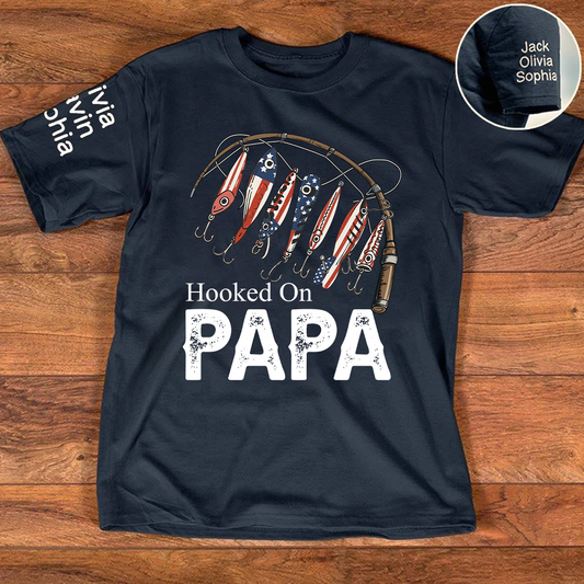 Hooked On Papa, Personalized Papa And Grandkids Father's Day T-Shirt