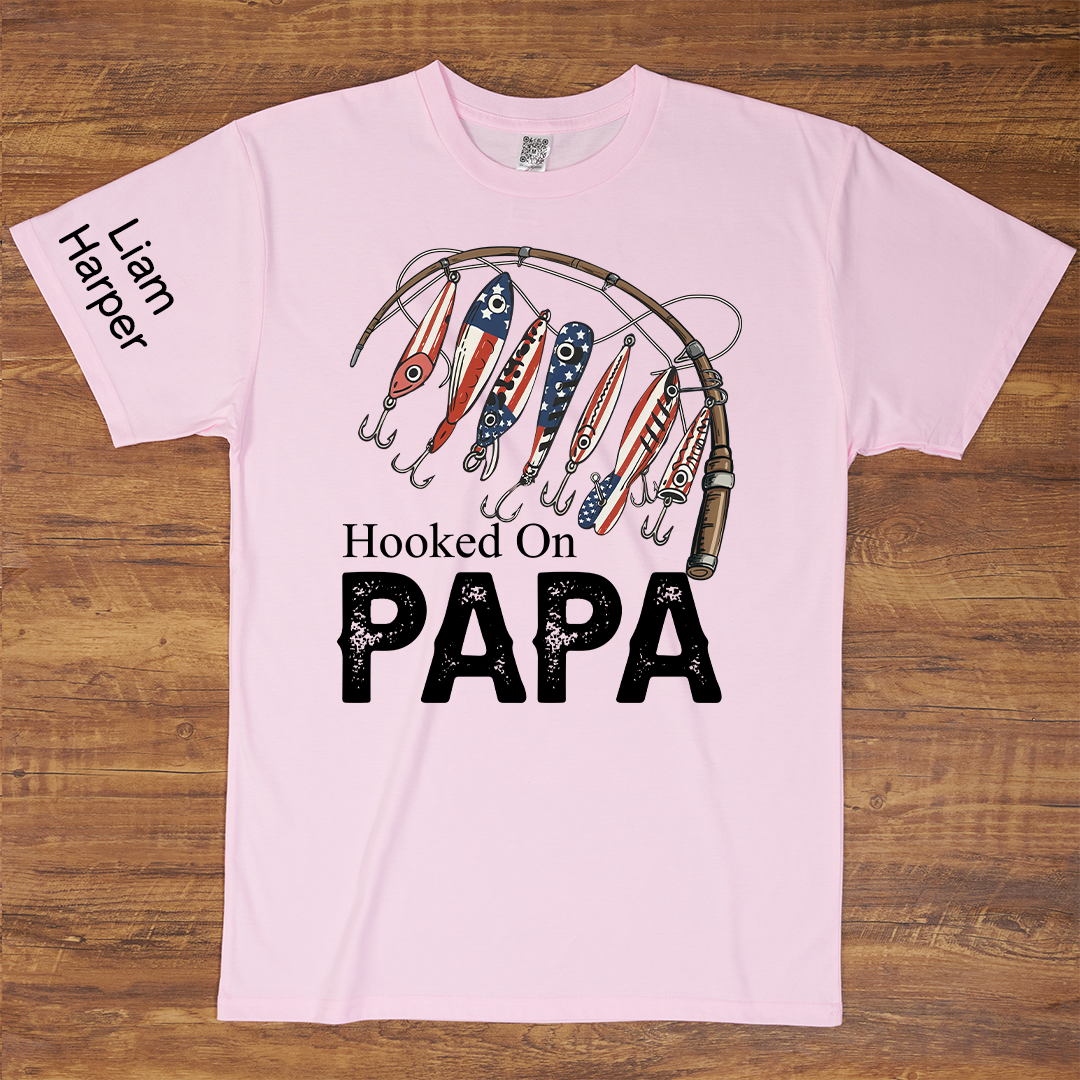 Hooked On Papa, Personalized Papa And Grandkids Father's Day T-Shirt