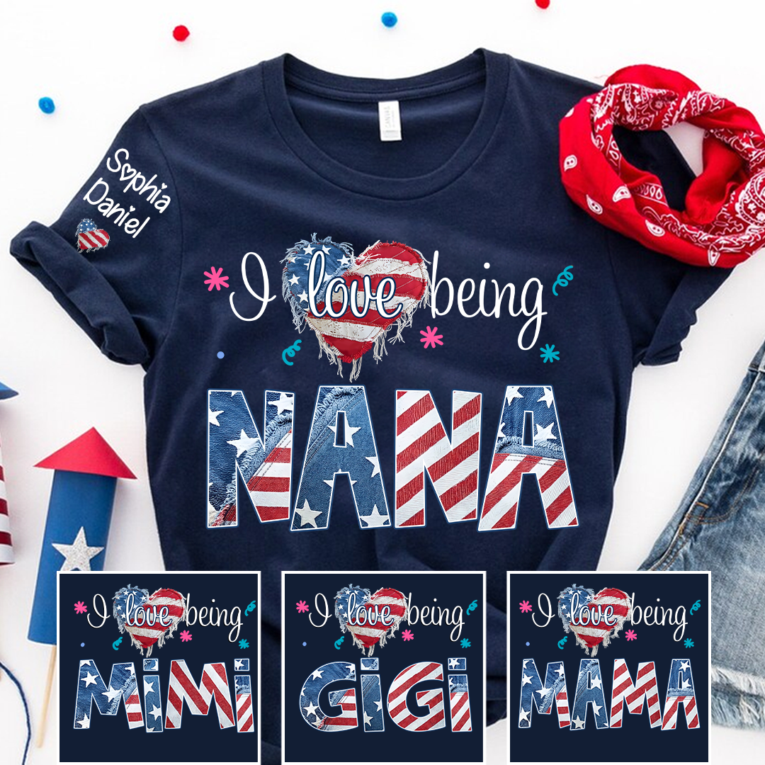 I Love Being Nana, Mimi, Grandma, 4th of July, Heart America Nana and Grandkid T-shirt