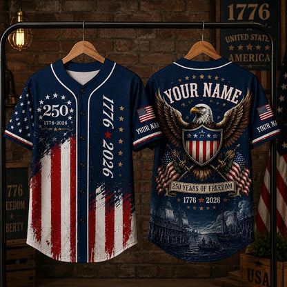 Custom Name 250th Anniversary Baseball Jersey Shirt, 250 Years of Freedom Button Down Jersey for Men Women Family