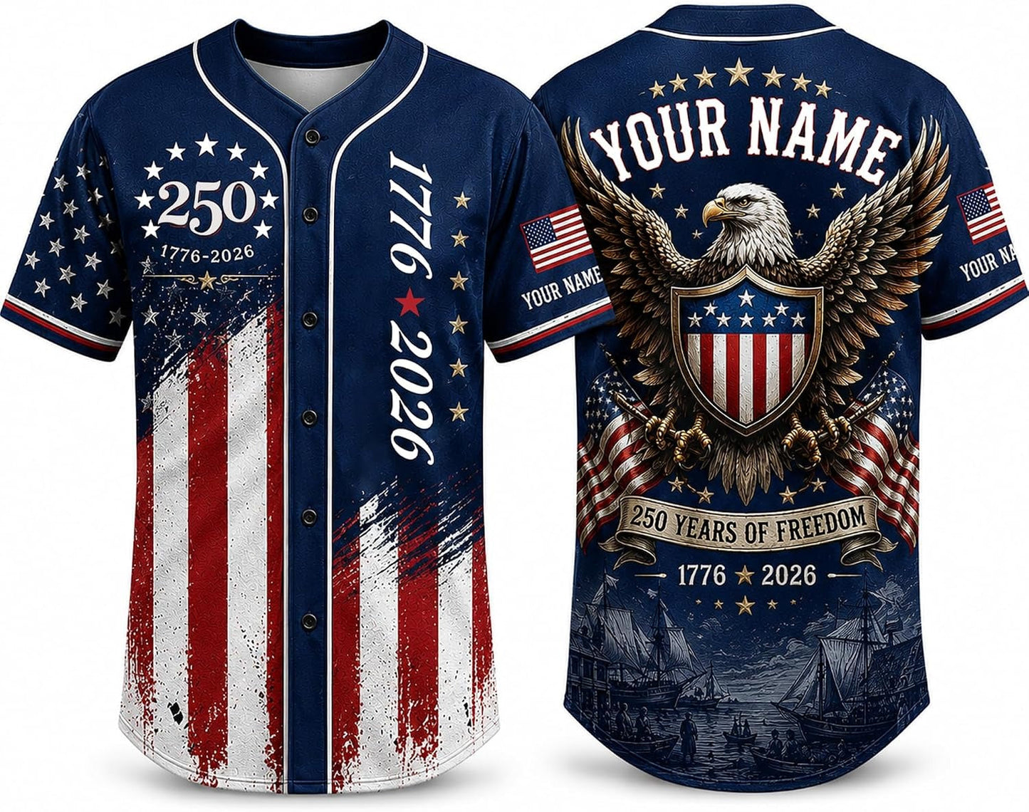 Custom Name 250th Anniversary Baseball Jersey Shirt, 250 Years of Freedom Button Down Jersey for Men Women Family