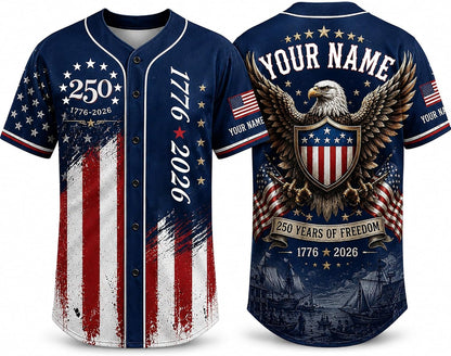 Custom Name 250th Anniversary Baseball Jersey Shirt, 250 Years of Freedom Button Down Jersey for Men Women Family
